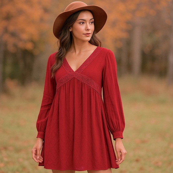 Suzanne Betro Boho Lace Trim Dress Red Textured Long Sleeve Size Large - Picture 1 of 15